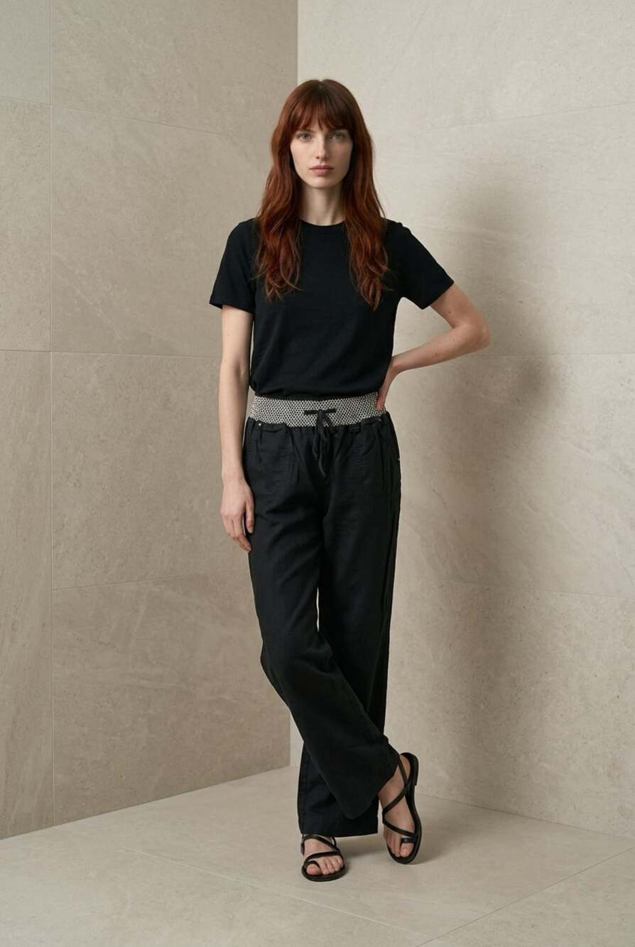 Rewash Women's Black Linen Blend Smocked Waist Wide Leg Pants Size XL